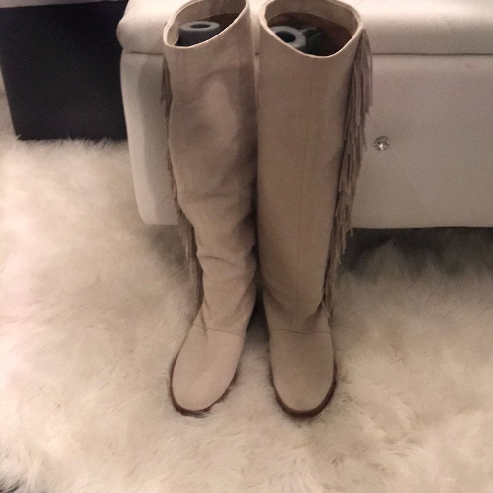 Leather cream over the knee boots with fringe